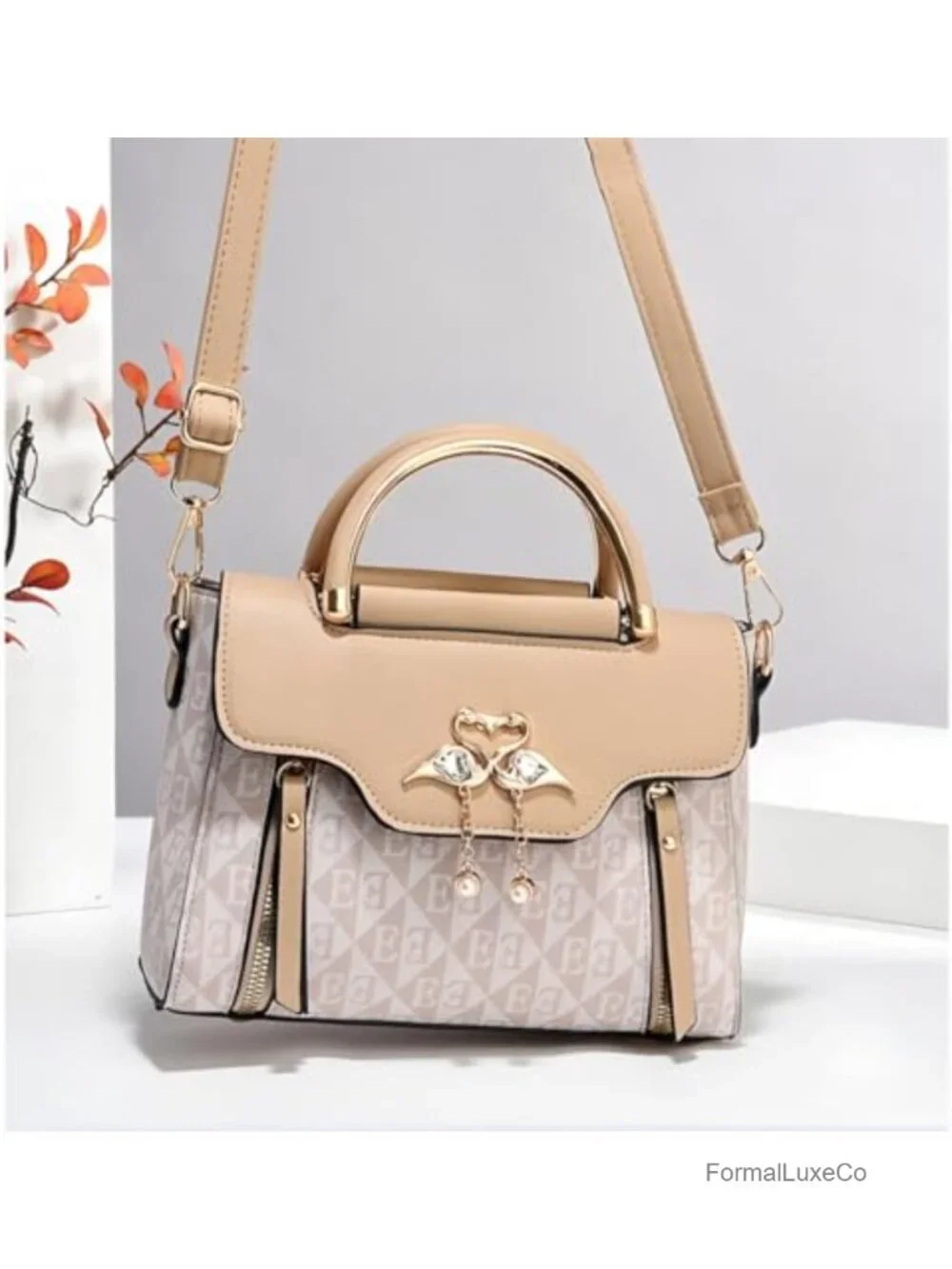 Elegant Monogram Flamingo Faux Leather Satchel Handbag with Pearl Charms